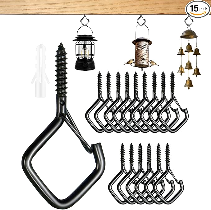15 Pcs Black Eye Hooks Screw Heavy Duty,Ceiling Hooks for Hanging Plants,String Lights,Cup,Wind Chime,Bird Feeders. Plant Hanger Indoor&Outdoor