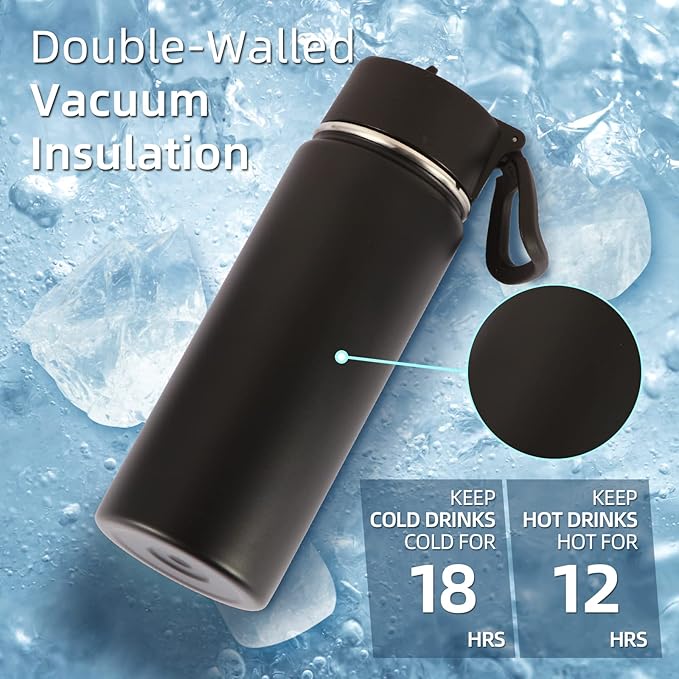Volhoply 18oz Insulated Water Bottle Bulk 4 Pack,Kids Stainless Steel Water Bottles with Straw Lid,Double Wall Vacuum Metal Bottle,Wide Mouth Reusable Sports Flask For Cold Drink(Black,4 Set)