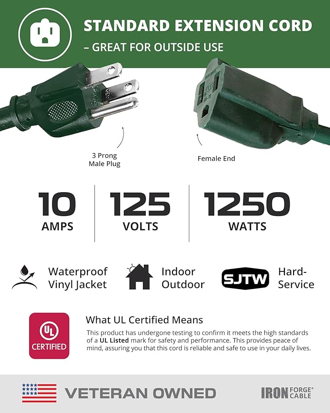 Iron Forge Cable Weatherproof 200 Ft Outdoor Extension Cord - 16/3 SJTW Heavy Duty Green Extension Cord 3 Prong - 10 Amp Exterior Power Cable