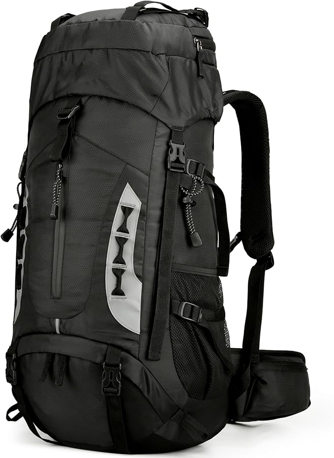 75L Hiking Backpack with Rain Cover Waterproof Camping Backpack Shoes Warehouse for Men Women, Frameless