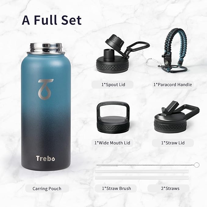Trebo 32oz Water Bottle Insulated with Lid and Straw,Triple Wall Vacuum Stainless Steel Metal Tumbler Sports Flask with Paracord Handle, Keep Cold 48 Hours Water Cup with 3 Lids, Indigo/Black