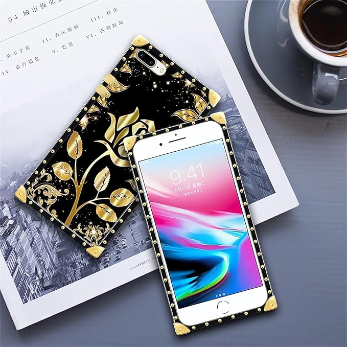 Compatible with iPhone 8 Plus 7 Plus Case, Shine Gold Rose Luxury Golden Decoration for Girl Women Soft TPU Shockproof Protective Hard PC Back for iPhone 8 Plus 7 Plus