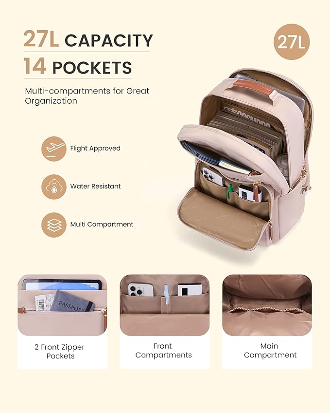 LOVEVOOK Laptop Backpack for Women with Leather Trim & Tumbler Pockets, 15.6" Work Backpack Purse, Travel Personal Item Bag, Carry On Business Computer Bag for Office, School, or Gift, Soft Taupe