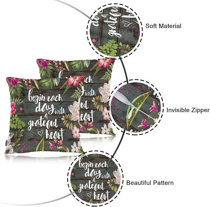 Swono Funny Quote 2Pcs Throw Pillow Covers for Men Women, Begin Each Day with Grateful Heart Bedding Pillowcase 18 X 18 Inch, Flowers Wood Decorative Pillow Cushion Cover for Couch Sofa Bed Home