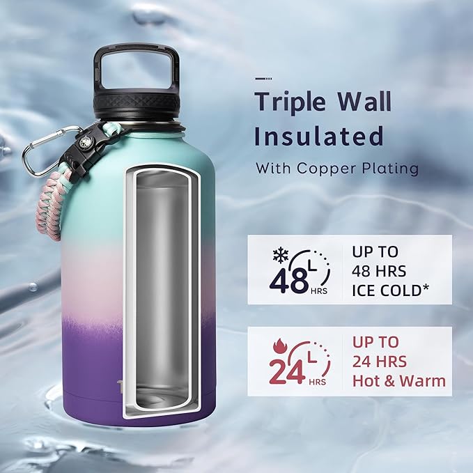 Trebo Water Bottle Insulated with Lid and Straw, Triple Wall Vacuum Stainless Steel Metal Tumbler Sports Flask with Paracord Handle, Keep Cold 48 Hours Water Cup with 3 Lids, Hydrangea