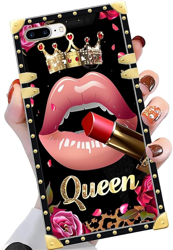 Compatible with iPhone 8 7 SE Case, Glitter Red Rose Queen Leopard Lipstick Luxury Golden Decoration for Girl Women Soft TPU Shockproof Protective Hard PC Back for iPhone 8 7 SE