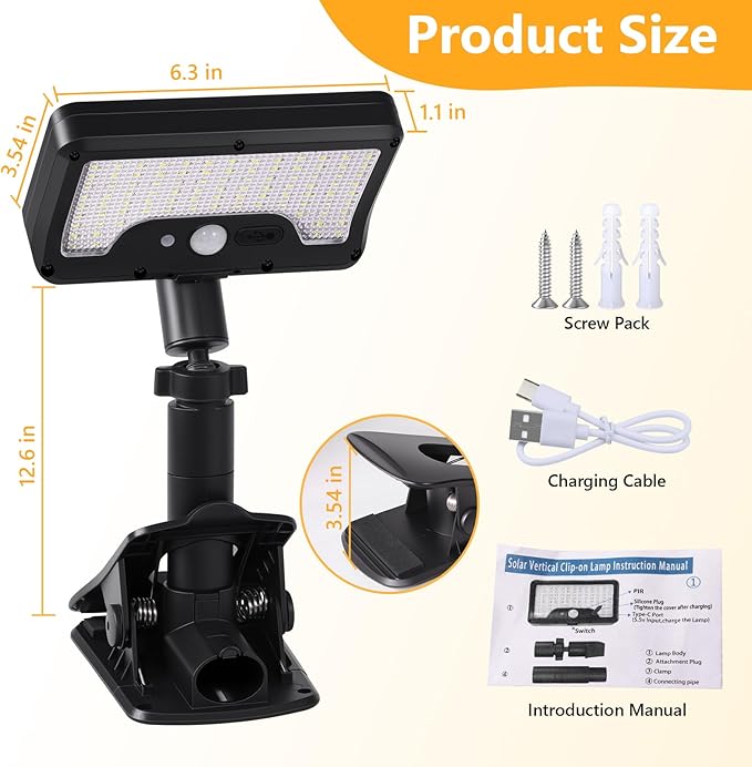 Clip on Solar Lights Outdoor with Motion Sensor, 360°Rotatable & Vertically Adjustable Solar Fence Lights with 92 LEDs (600 LM, 3000 K), IP65 Waterproof Security Light for Chain Link, Gutter, Camping