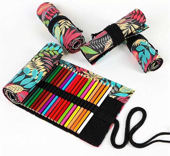 Funny live 24/36/48/72 Slots Colored Pencil Wrap Roll up Pen Holder Case Drawing Coloring Pencil Roll Organizer Stationery Case for Student Artist Traveler (Fallen leaves, 24 Slots)