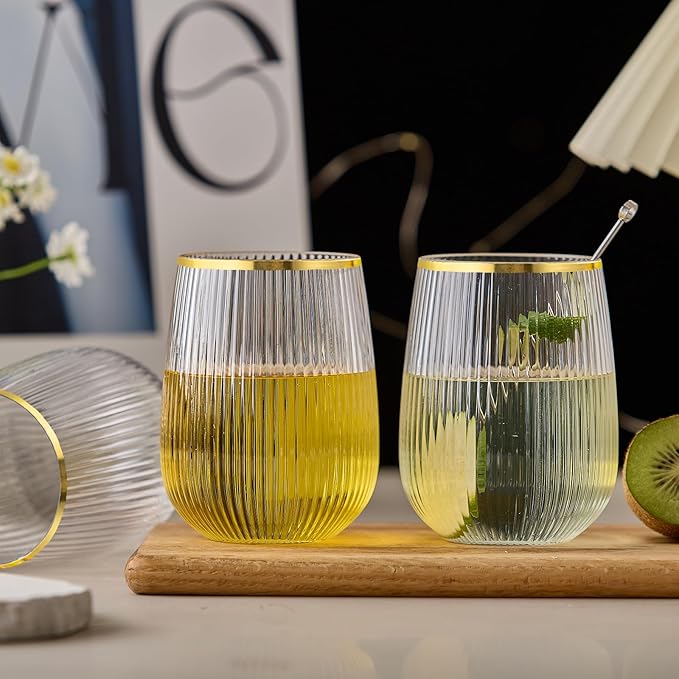 Lueumxc 36 Pack Plastic Wine Glasses, 15Oz Gold Rim Origami Disposable Wine Glasses Unbreakable Clear Plastic Cocktail Glasses Recyclable Shatterproof Reusable Wine Cups