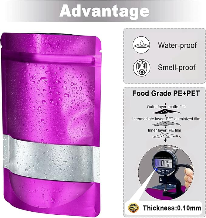 7.1"x10.2" 1 Quart 120pcs Mylar Bags for Food Storage,Smell Proof Bag with Matte Window Resealable Food Storage Bags for Small Business, Stand-up Foil Pouch Packaging Freeze Dried Candy Bag（Purple）
