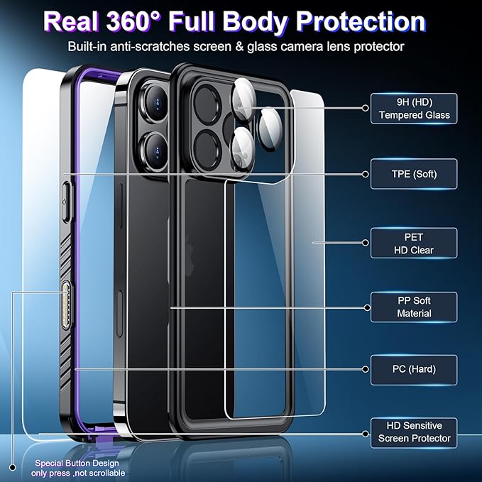 2025 New Designed for iPhone 16 Pro Max Case Waterproof, [Built-in Screen Protector & Glass Camera Protector][Full Body Shockproof][IP68 Underwater][Dropproof] Phone Case for iPhone 16 Pro Max 6.9"