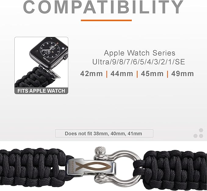 Savior Survival Gear Paracord Watch Band,Compatible with Apple Watch Band 49mm 46mm 45mm 44mm 42mm,iWatch Band Series Ultra 10 9 8 7 6 5 4 3 2 1 SE,Adjustable strap for men(Black w/ Gray Clasp, Large)
