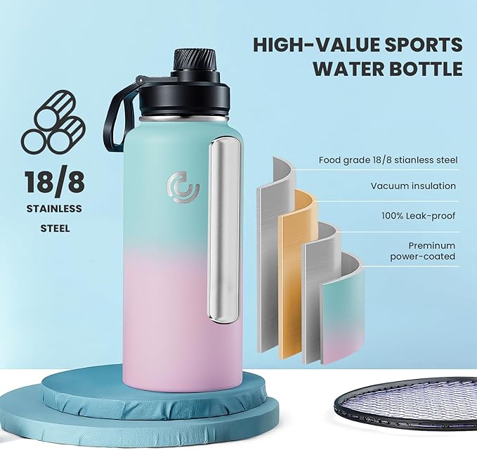 Sports Water Bottle 32oz, Insulated Water Bottle with Handle,Stainless Steel,Simple Modern,Suitable for Travel, School, Boy, Girl(Bubble Gum)