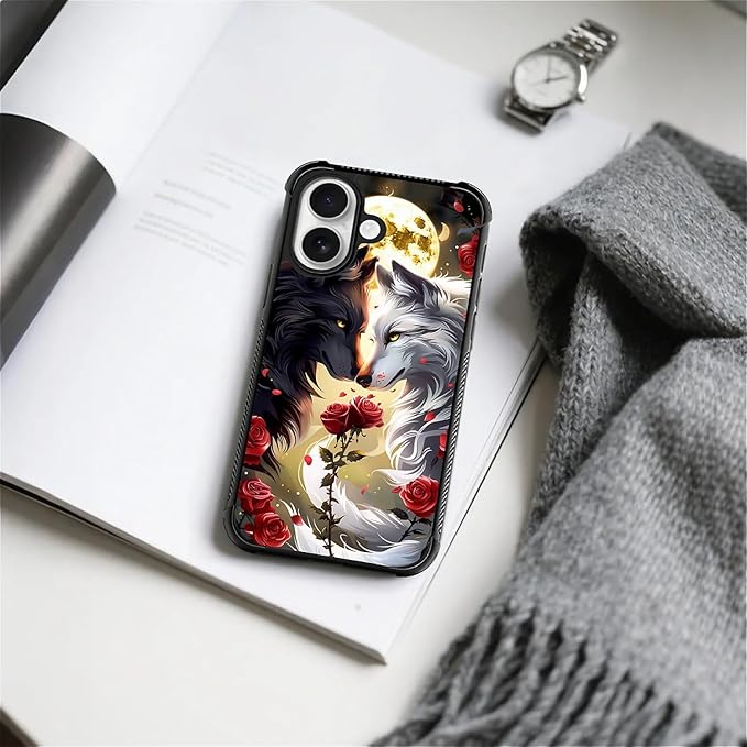 for iPhone 17 Case,for MagSafe Graphic Design for Girl Boy Soft Silicone Hard Acrylic Shock Protection Designed for iPhone 17 Black White Wolf Moon Flower Rose Pattern