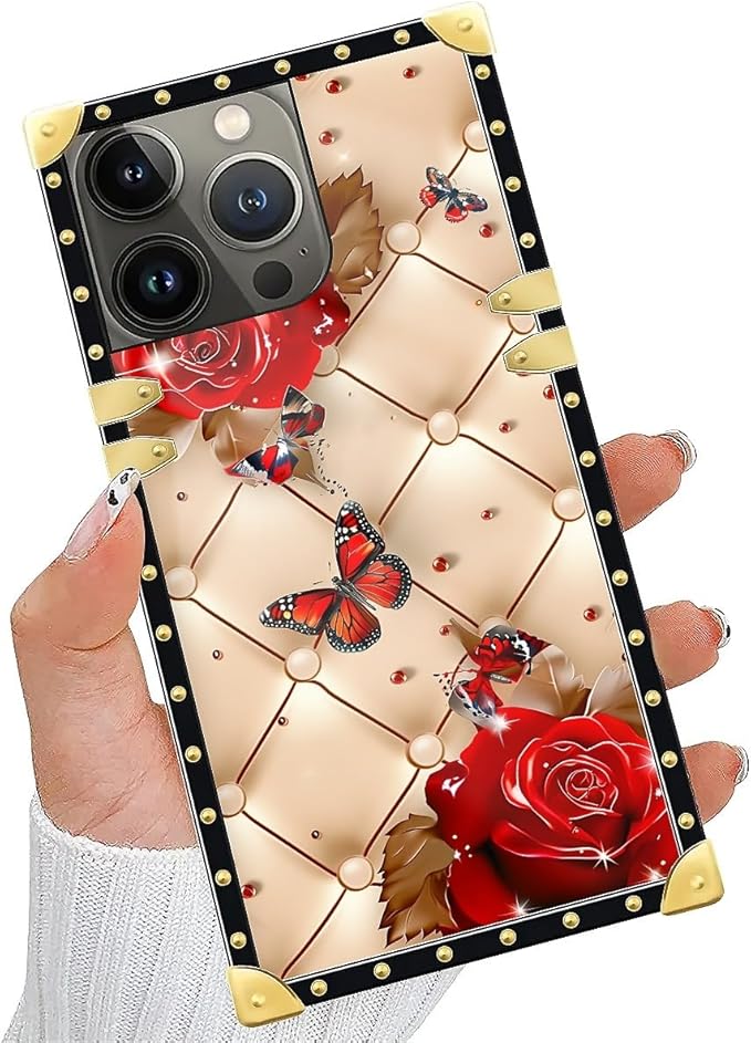 Compatible with iPhone 15 Pro Max Case, Shining Red Rose Butterfly Leather Background Luxury Golden Decoration for Girl Women Soft TPU Shockproof Protective Hard PC Back