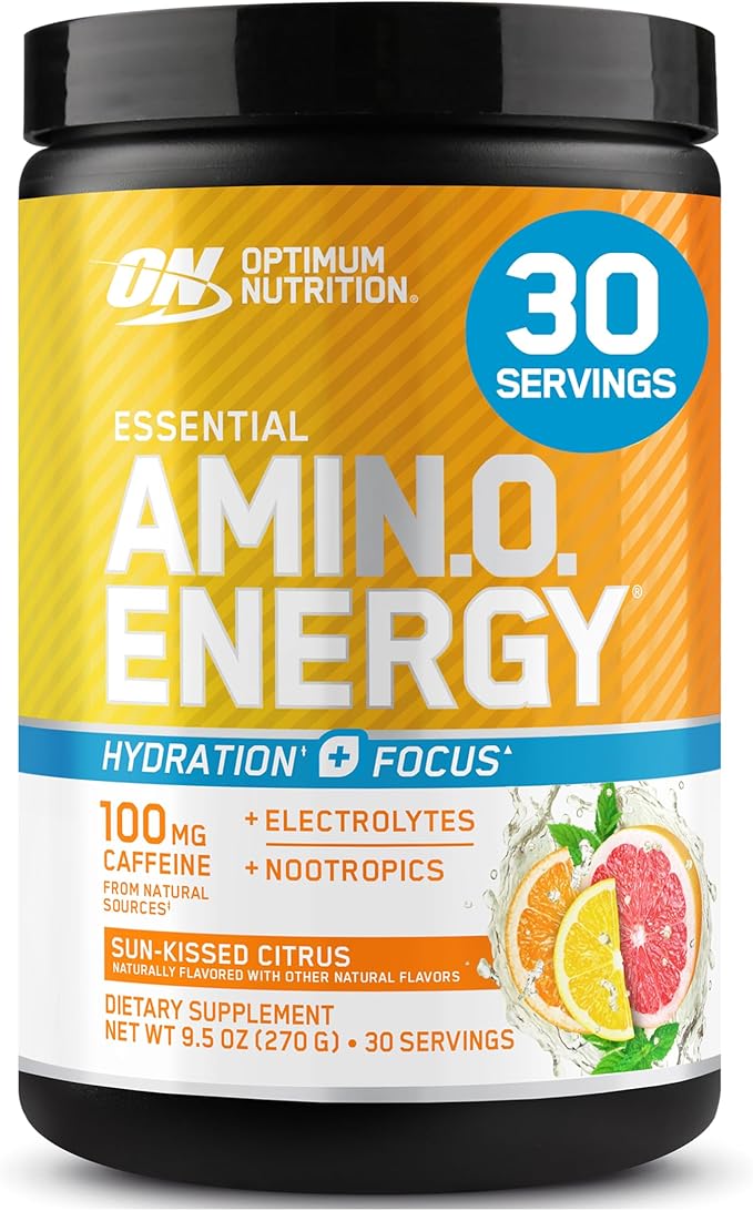 Optimum Nutrition Amino Energy Powder Plus Focus, with BCAA, Electrolytes, and Caffeine, Sunkissed Citrus, 30 Servings (Packaging May Vary)