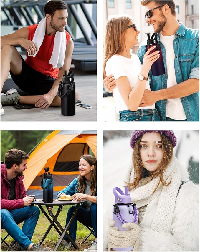 BENZZO 32oz Insulated Water Bottle with Straw & Spout Lids, Paracord Handle, Bottle Sleeve, Silicone Boot, Thermal Metal Jug Keep Cold 48H & Hot 24H, Hydro Bottle for Travel Work Camping