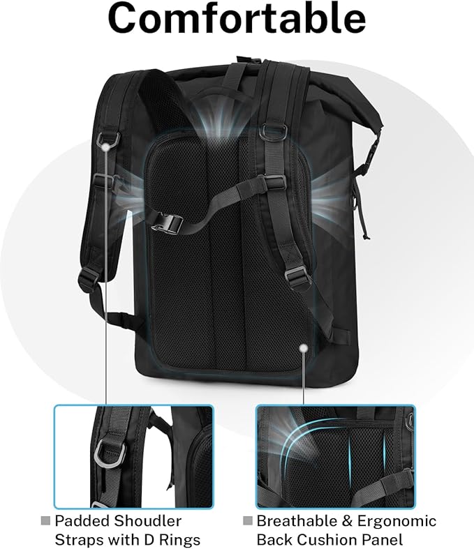 Gonex Ultralight Waterproof TPU Backpack, 55L Roll Top Dry Bag with Comfortable Padded Back Panel for Kayaking Boating Camping Fishing Travel,Black
