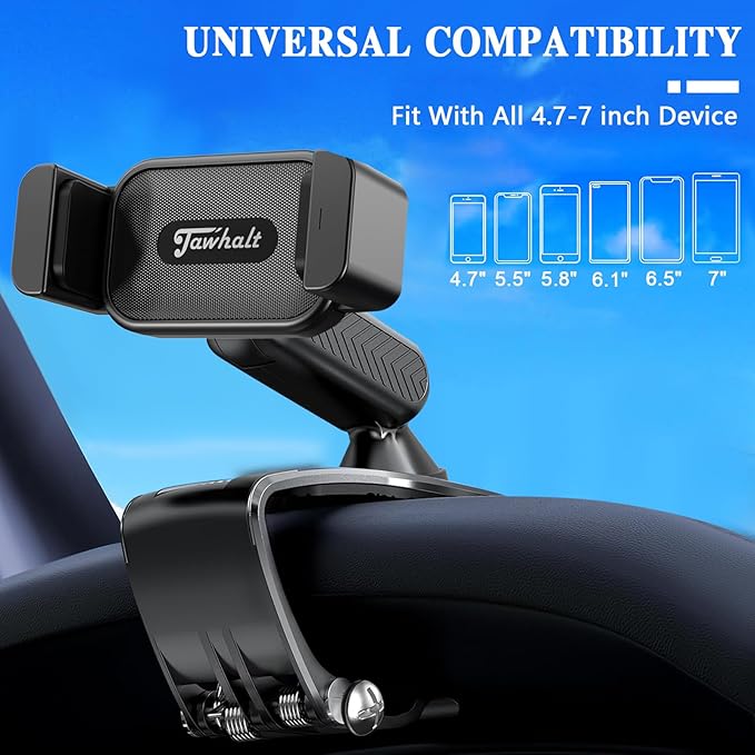 Universal 360 Dashboard Phone Holder, Easily Adjustable No-harm Clip Design Phone Mount for Car Compatible with All 4-7 Inch Smartphones