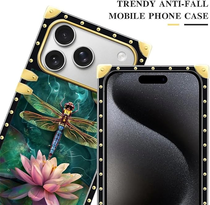 for iPhone 17 Pro Case Luxury Golden Decoration for Girl Women Soft TPU Shockproof Protective Hard PC Back for iPhone 17 Pro Crazy Pattern Colourful Dragonfly Pink Lily Pads