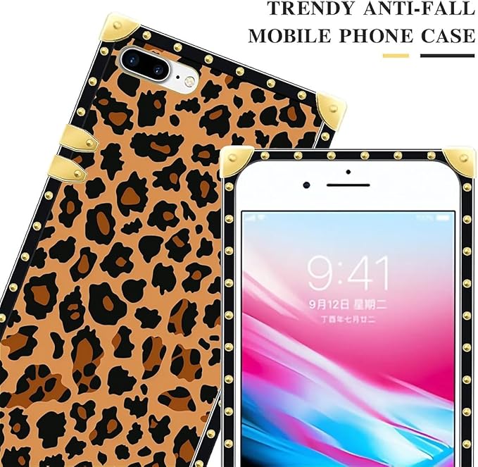 Compatible with iPhone 8 7 SE Case, Brown Leopard Texture Luxury Golden Decoration for Girl Women Soft TPU Shockproof Protective Hard PC Back for iPhone 8 7 SE