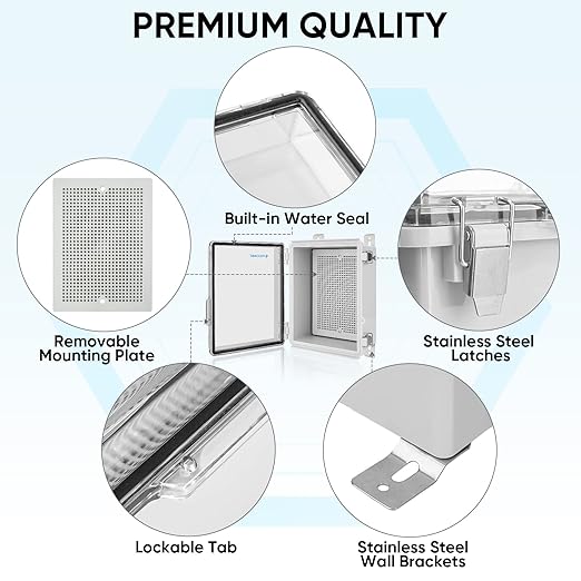 TICONN Outdoor Electrical Box Waterproof, Junction Box IP67 ABS Plastic Enclosure with Hinged Cover with Mounting Plate, Wall Brackets, Cable Glands (Clear, 8.7"x6.7"x4.3")