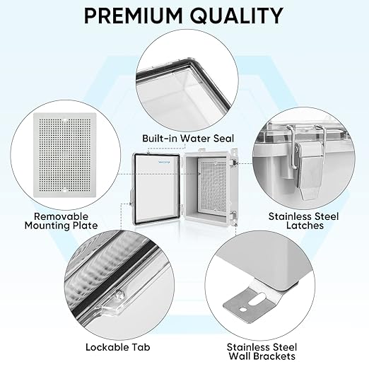 TICONN Outdoor Electrical Box Waterproof, Junction Box IP67 ABS Plastic Enclosure with Hinged Cover with Mounting Plate, Wall Brackets, Cable Glands (Clear, 15.7"x11.8"x7.1")