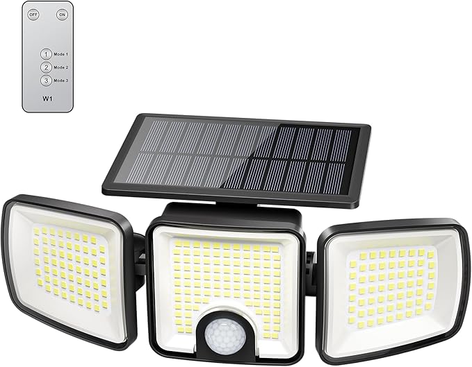 Brightown 1 Pack Solar Outdoor Lights with Motion Sensor, 223 LED 3 Head 270° Wide Angle Street Area Security Lights with Remote, IP65 Waterproof Flood Wall Lights with 3 Modes for Yard Outside