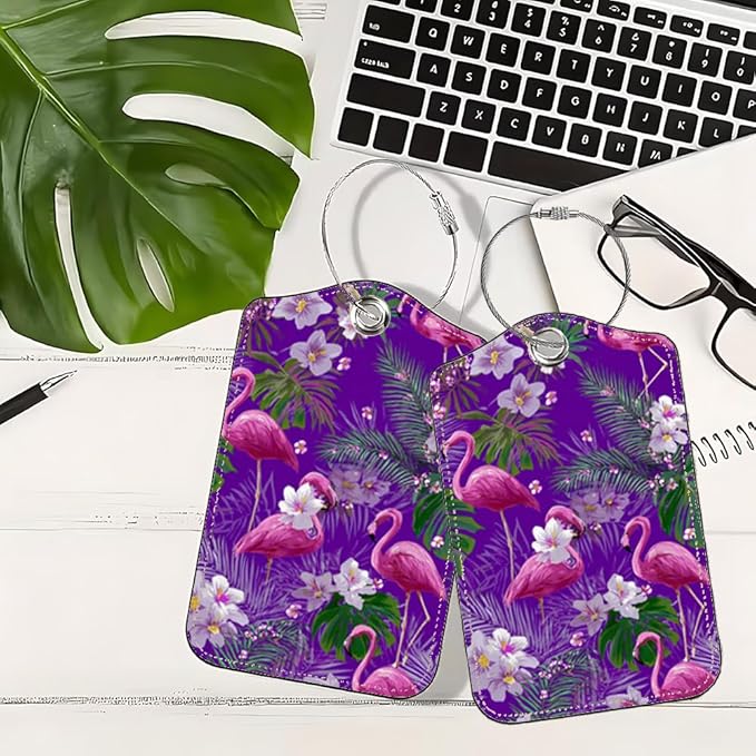2 Pack Flamingo Luggage Tag 2.83 x 4.53 inch Tropical Pink Bird Purple Background Suitcase ID Label Decorative Travel Accessories Stylish Bag Tag for Women Men