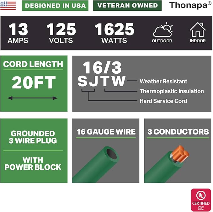 Thonapa Weatherproof Green Extension Cord 20 ft 3 Outlets, 16/3 SJTW Outdoor Extension Cord with Multiple Outlets 20 Foot, 13 AMP Exterior Electric Cable 3 Way Plug for for Outdoor Lights, Landscaping