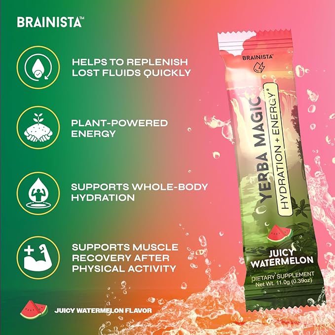 Yerba Magic Hydration + Energy - Juicy Watermelon with Electrolytes, Yerba Mate Caffeine, Sea Moss, Amino Acids & Coconut Water for Hydration, Muscle Recovery & Clean Energy - Zero Sugar (20 Stick Packs)