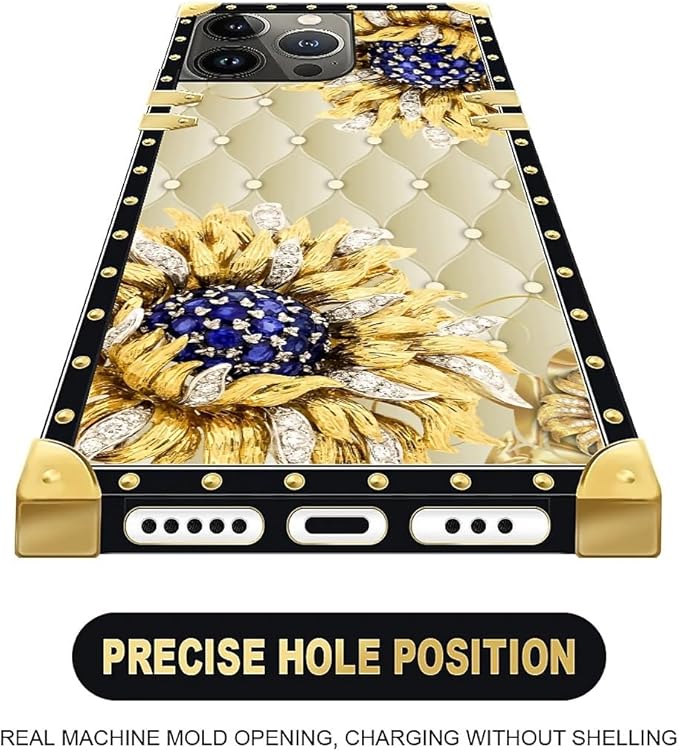 Compatible with iPhone 13 Pro Max Case, Sunflower Diamonds Leather Luxury Golden Decoration for Girl Women Soft TPU Shockproof Protective Hard PC Back for iPhone 13 Pro Max