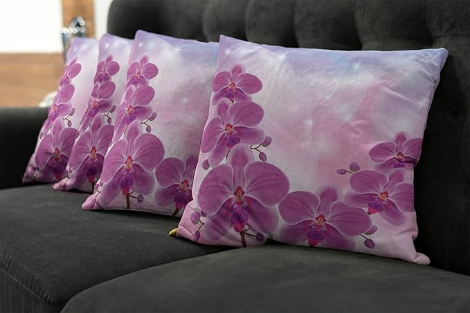 Ambesonne Floral Throw Pillow Cushion Case Pack of 4, Exotic Orchid Flowers Flourishing on Abstract Background Circles Stars, Modern Accent Double-Sided Digital Printing, 24", Pink Purple