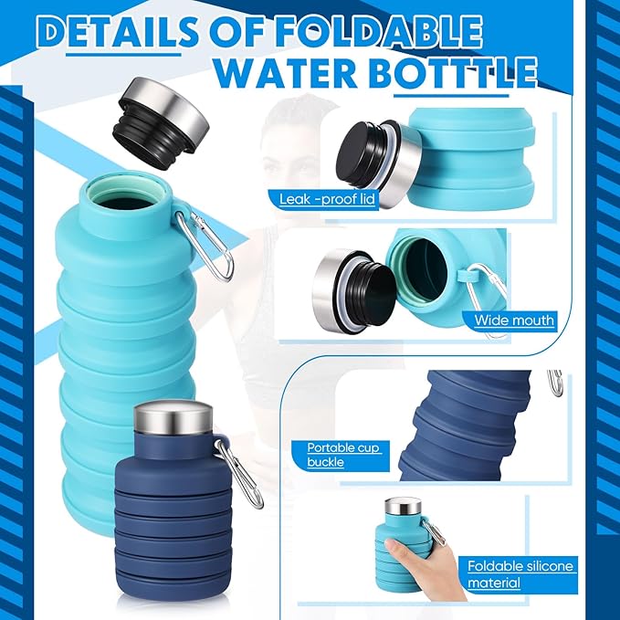 Baderke 2 Pcs Collapsible Water Bottles 17oz Silicone Travel Foldable Portable Water Bottle with Buckle Silicone Lightweight Reusable Leakproof for Camping Hiking Cycling Sport(Navy Blue,Blue)