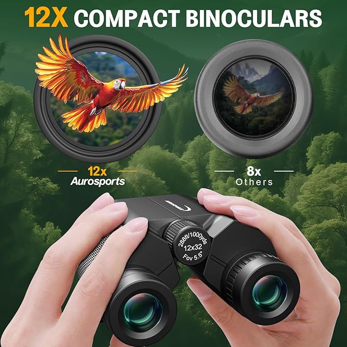 Aurosports 12x32 Compact Binoculars for Adults - Small Binoculars with FMC Lens & BAK4 Prism - Wide 273ft/1000yds Field of View - Easy Focus Binos for Bird Watching Traveling Gifts for Men Women