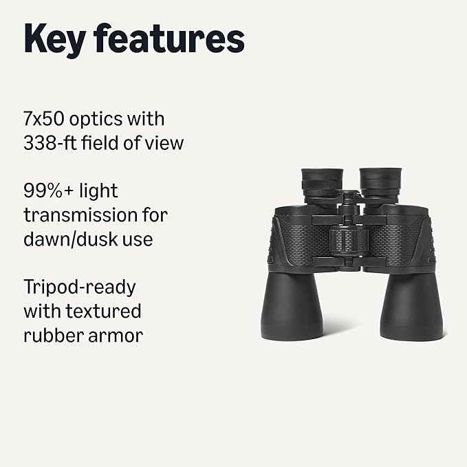 Amazon Basics 7x50 High Power Binoculars, Wide Field of View, FMC Optics, Tripod Compatible, BAK-4 Prism, Rubber Armor, Black