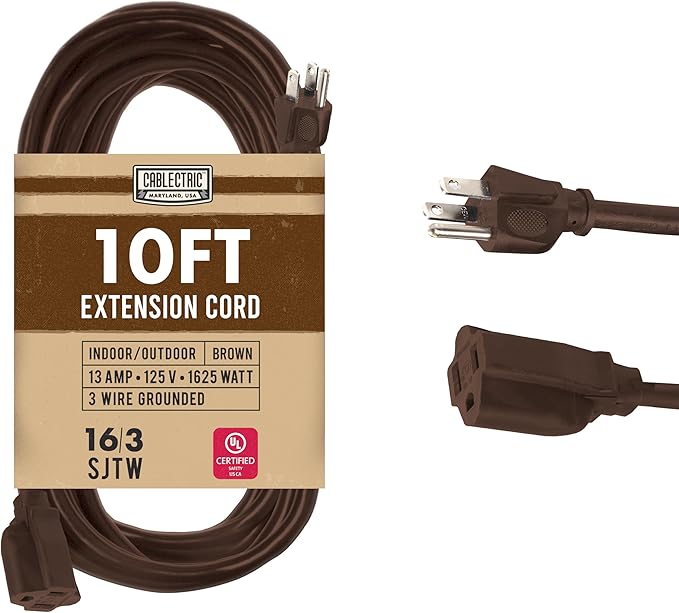 Brown Outdoor Extension Cord 10 ft, Weatherproof Heavy Duty 16 Gauge Extension Cord 3 Prong, 13 AMP Exterior Electrical Cable SJTW for Deck, Patio, Lawn, Landscaping, Proudly American Owned