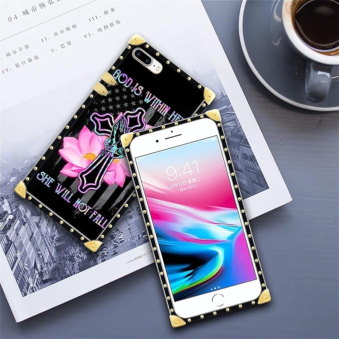Compatible with iPhone 8 Plus 7 Plus Case, Praying Cross Hands Luxury Golden Decoration for Girl Women Soft TPU Shockproof Protective Hard PC Back for iPhone 8 Plus 7 Plus