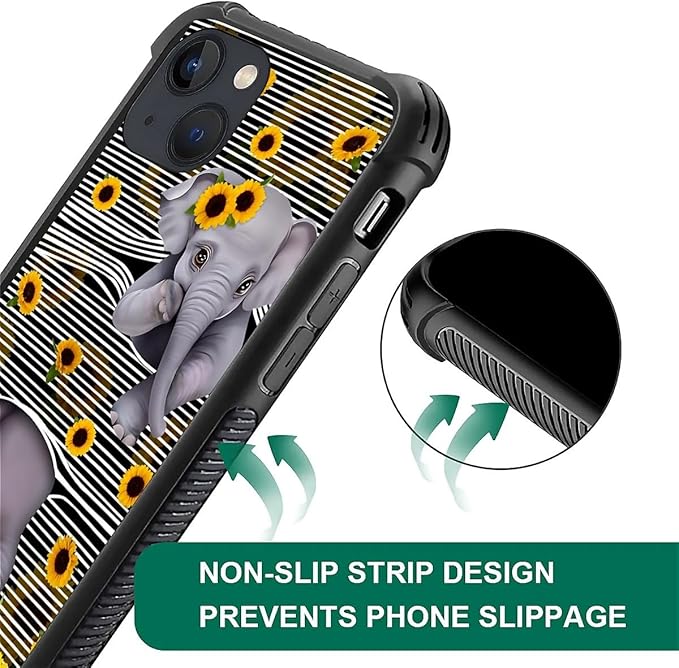 for iPhone 14 Case, Cute Little Elephant Sunflower White Line Art Pattern Graphic Design Girl Boy Soft Silicone Hard Acrylic Shock Protection for iPhone 14