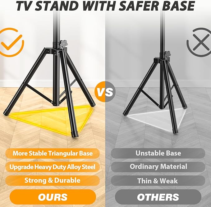 TVON TV Tripod Stand for 23-80 inch Flat Screen/Curved TVs, Portable TV Stand with ±15° Tilt and Height Adjustment Holds up to 100lbs, Floor TV Stand Display Max VESA 600x400m