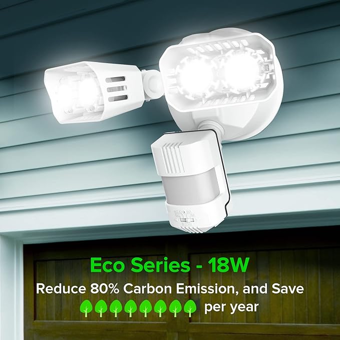 SANSI 18W 1800LM LED Motion Sensor Outdoor Lights, Energy Saving Security Light, 200W Equiv. 5000K Dusk to Dawn Flood Light, 50,000 Hours Lifespan, IP65 Waterproof for Yard, Doorway, White, Eco Series