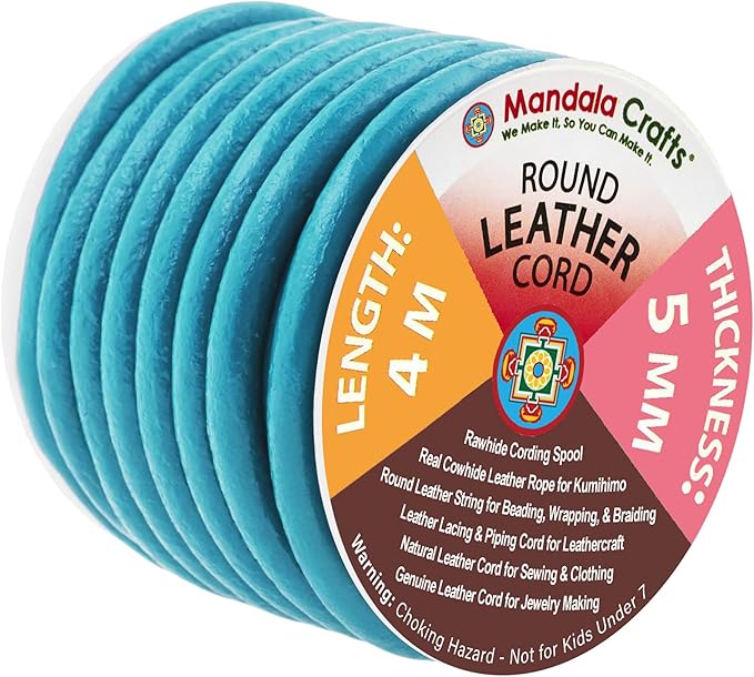 Mandala Crafts Round Genuine Teal Leather Cord for Jewelry Making – 5mm Cowhide Leather Rope String Lace for Kumihimo – 4.4 Yards Cowhide Craft Cording Spool