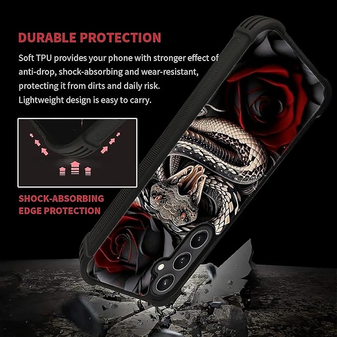 for Samsung Galaxy S23 FE Case, Entwined Rose Snake Pattern Graphic Design Girl Boy Soft Silicone Hard Acrylic Shock Protection for Samsung Galaxy S23 FE