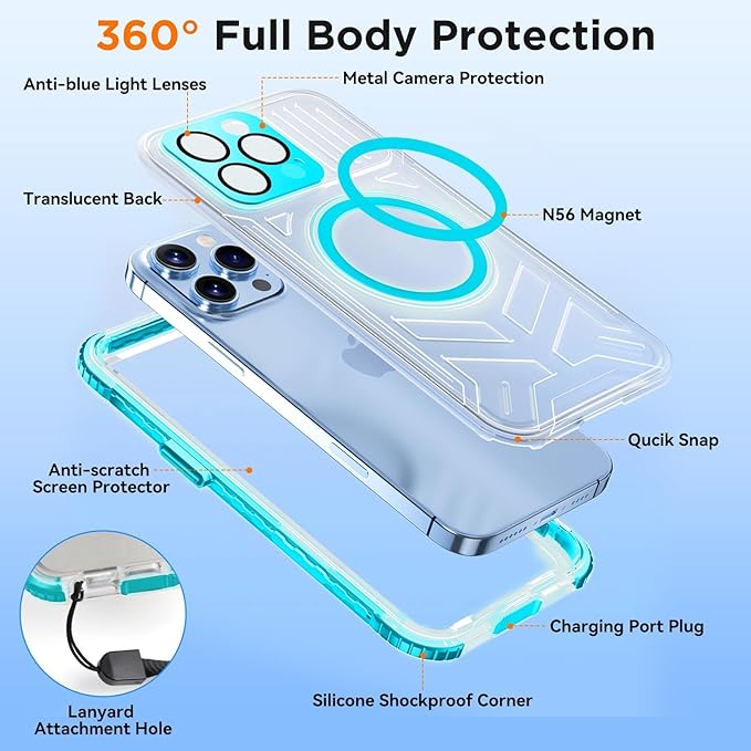 WIFORT for iPhone 15 Pro Max Waterproof Case, [IP68 Underwater Dustproof][Built-in Screen][15FT Military Shockproof], 360 Full Body Sealed Protection Cover Magnetic Frosted Phone Case, 6.7" Teal