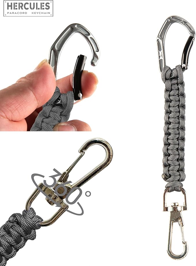 HERCULES Paracord Keychain Set – 2 Pack Lanyard Rope with Aluminum Clip, Durable Paracord Wrist Strap for Outdoor Activities, Gray