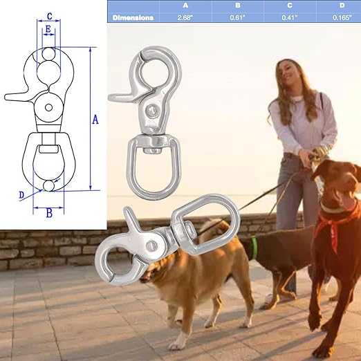2 PCS 316 Stainless Steel Swivel Trigger Snap Hooks, 2.65” Heavy Duty Clips, 130 lbs Capacity - Marine Grade, Anti-Rust, Multipurpose Lobster Claw Clasps for Pet Leashes, Bags, and Cameras