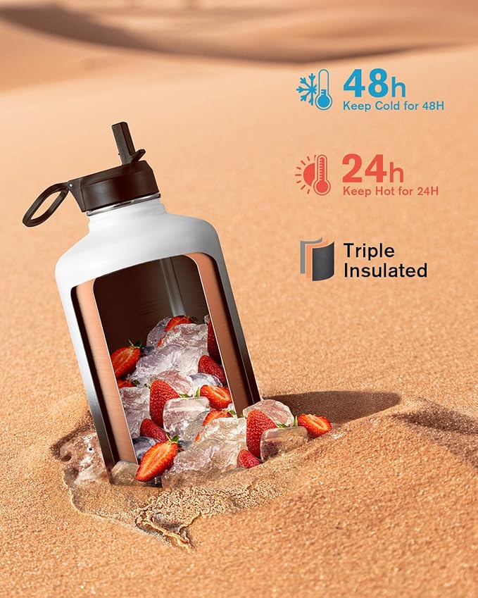 Coolflask 128 oz Gallon Water Bottle Insulated with Straw&3 Lids, Water Jug Large Stainless Steel Metal Vacuum Wide Mouth for Sports, Gym or Office, Non-BPA Keep Cold 48H Hot 24H, White & Black