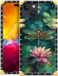 Compatible with iPhone 15 Case, Colourful Dragonfly Pink Lily Pads Luxury Golden Decoration for Girl Women Soft TPU Shockproof Protective Hard PC Back for iPhone 15
