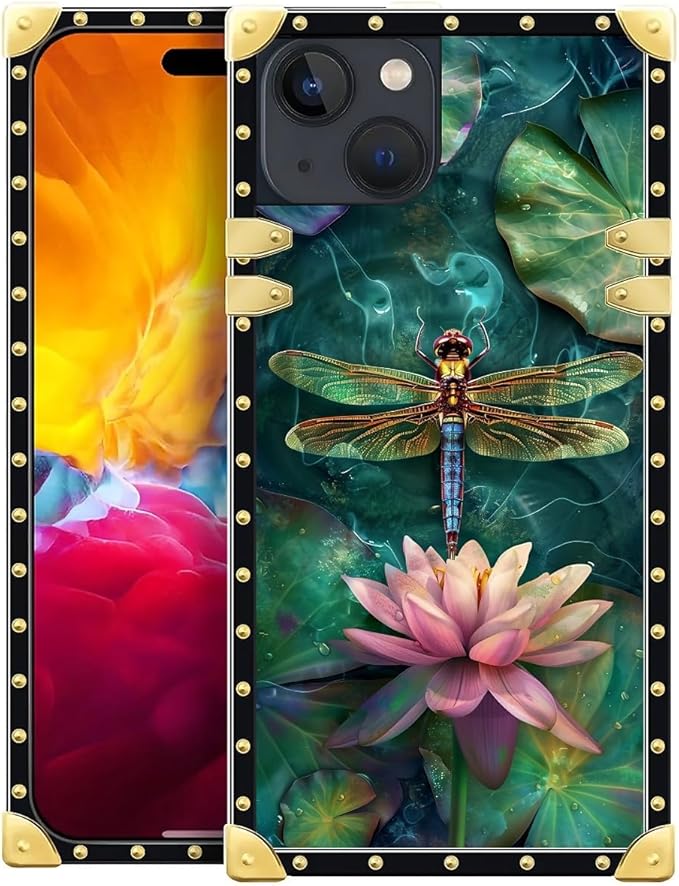 Compatible with iPhone 15 Case, Colourful Dragonfly Pink Lily Pads Luxury Golden Decoration for Girl Women Soft TPU Shockproof Protective Hard PC Back for iPhone 15