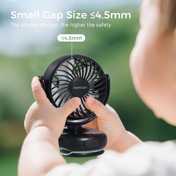 Momcozy Portable Stroller Fan with Clip | 4-Speed Mini-Fan for Carrier | Personal Fans Ultra Light 0.26lb | Gaps ≤4.5mm | Handheld Cooling | Rechargeable Rotate for Diaper Backpack/Table/Chair